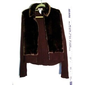 Tiara Sweater Jacket Woman Size XL Brown Long Sleeves Faux Fur Front And Collar